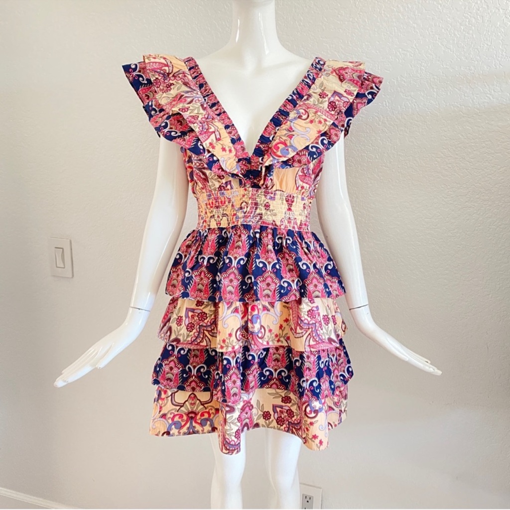 Caroline Constas Tiered Ruffle Shoulder Floral Ruffle Tiered Dress